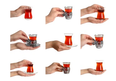 Image of Collage with photos of women holding glasses with traditional Turkish tea on white background. Banner design