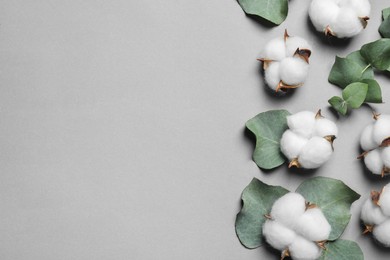 Photo of Cotton flowers and eucalyptus leaves on grey background, flat lay. Space for text