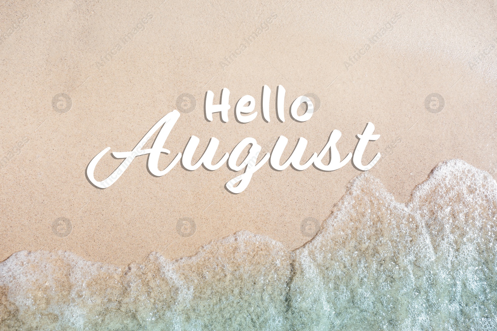 Image of Hello August. Sea waves and beautiful sandy beach, top view