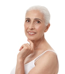 Photo of Portrait of beautiful mature woman on white background