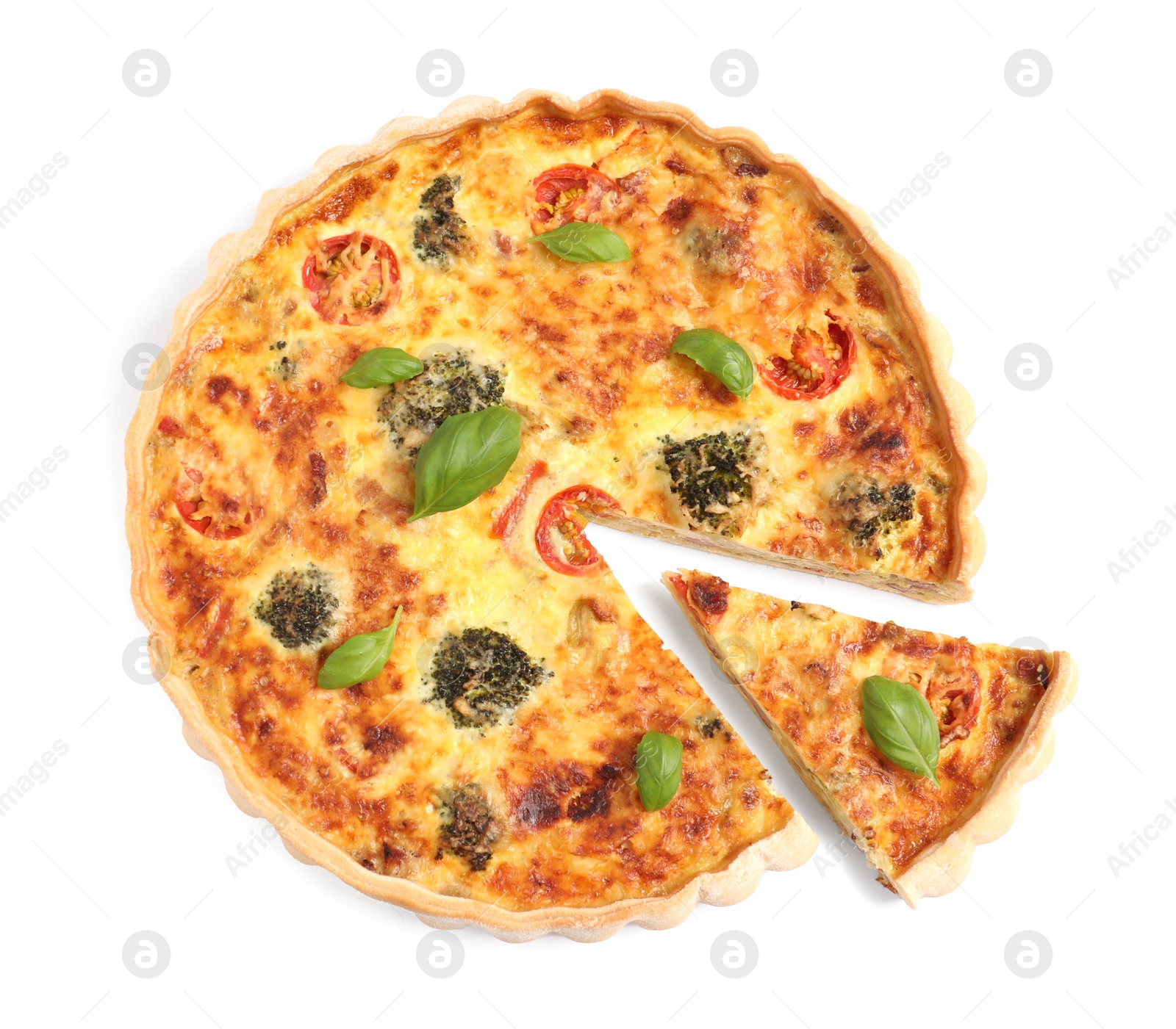 Photo of Delicious homemade vegetable quiche isolated on white, top view