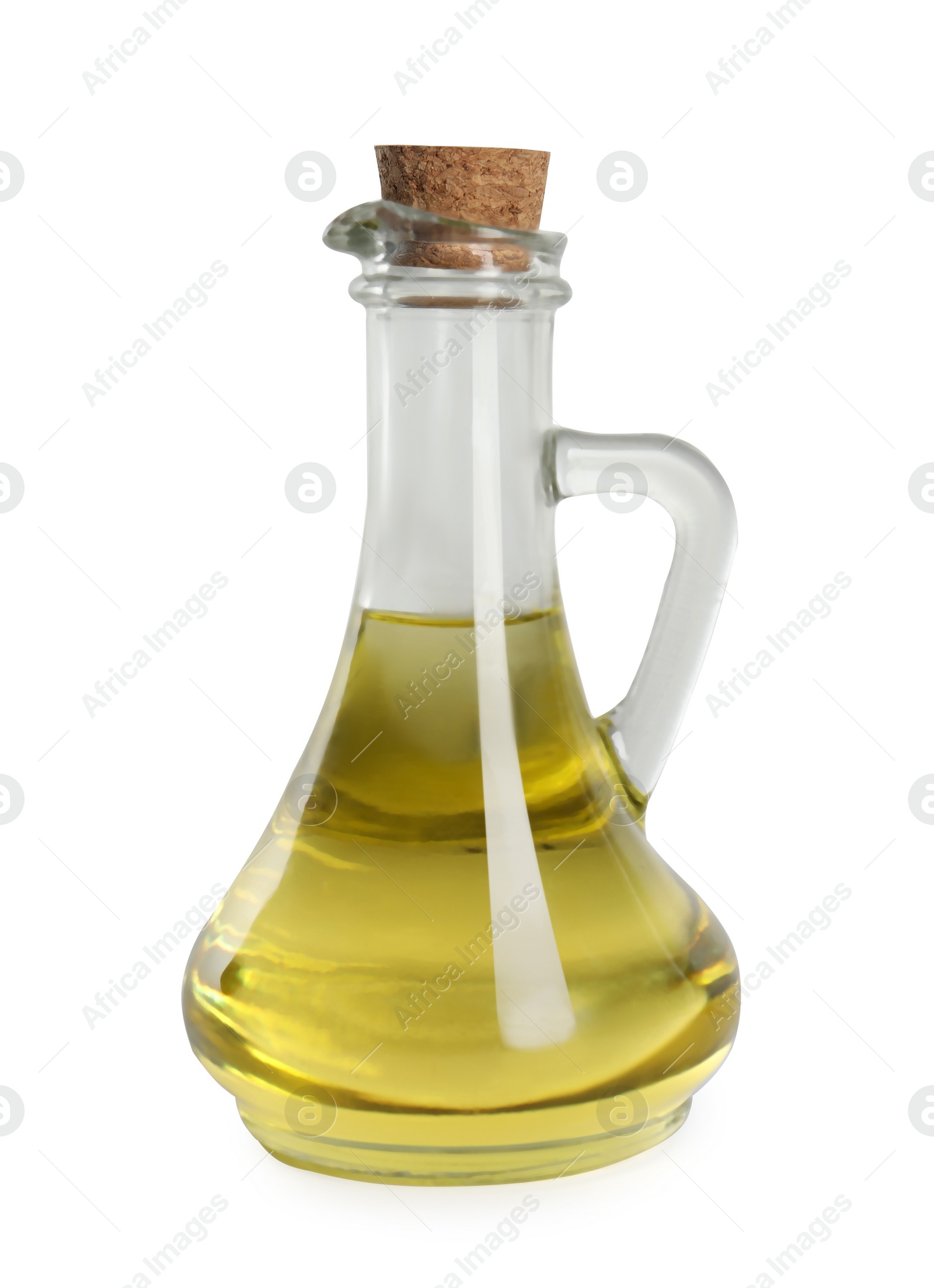 Photo of Glass jug of cooking oil isolated on white