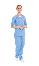 Full length portrait of medical doctor with stethoscope isolated on white