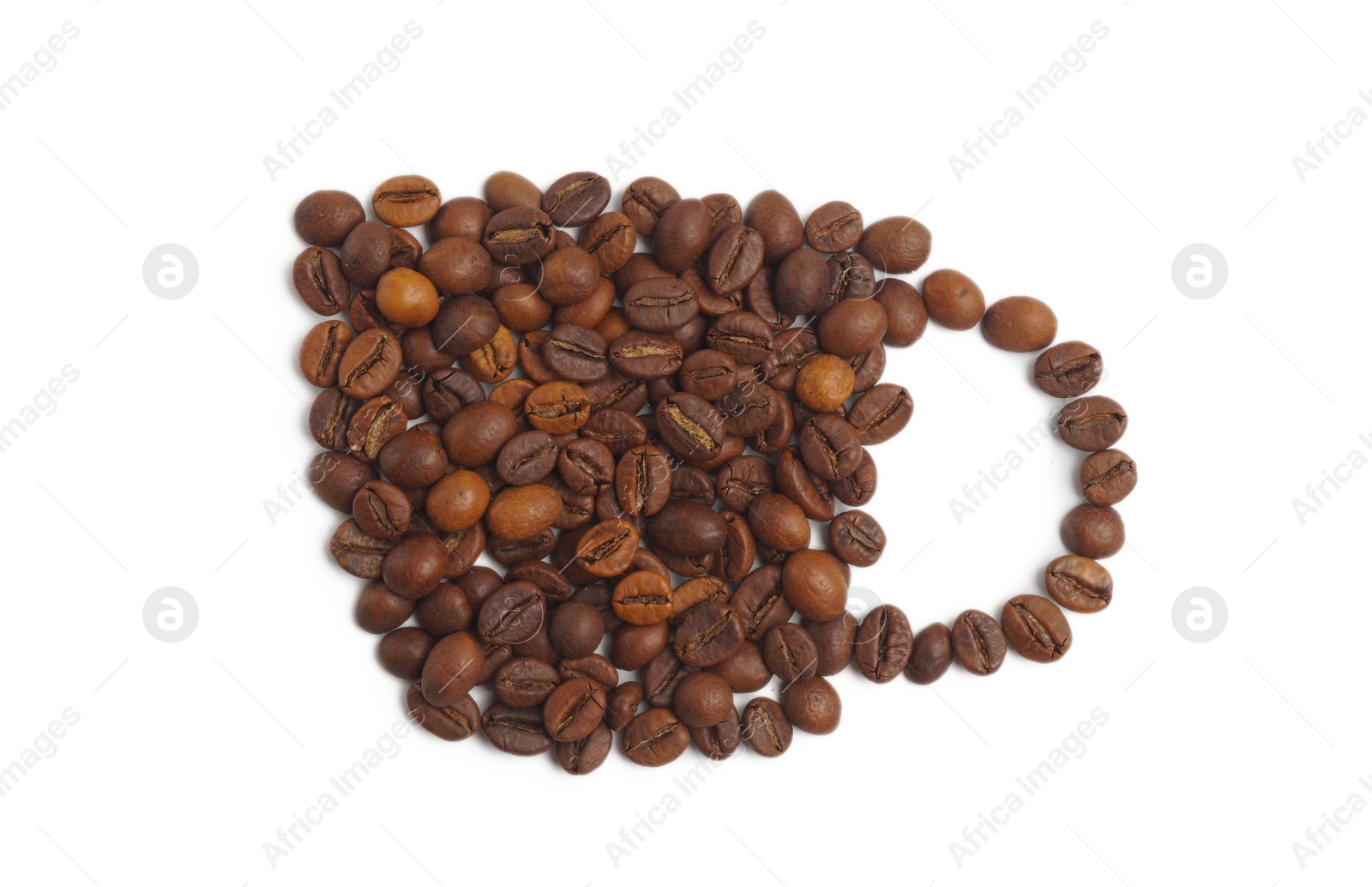 Photo of Cup of drink, composition made with coffee beans isolated on white, top view