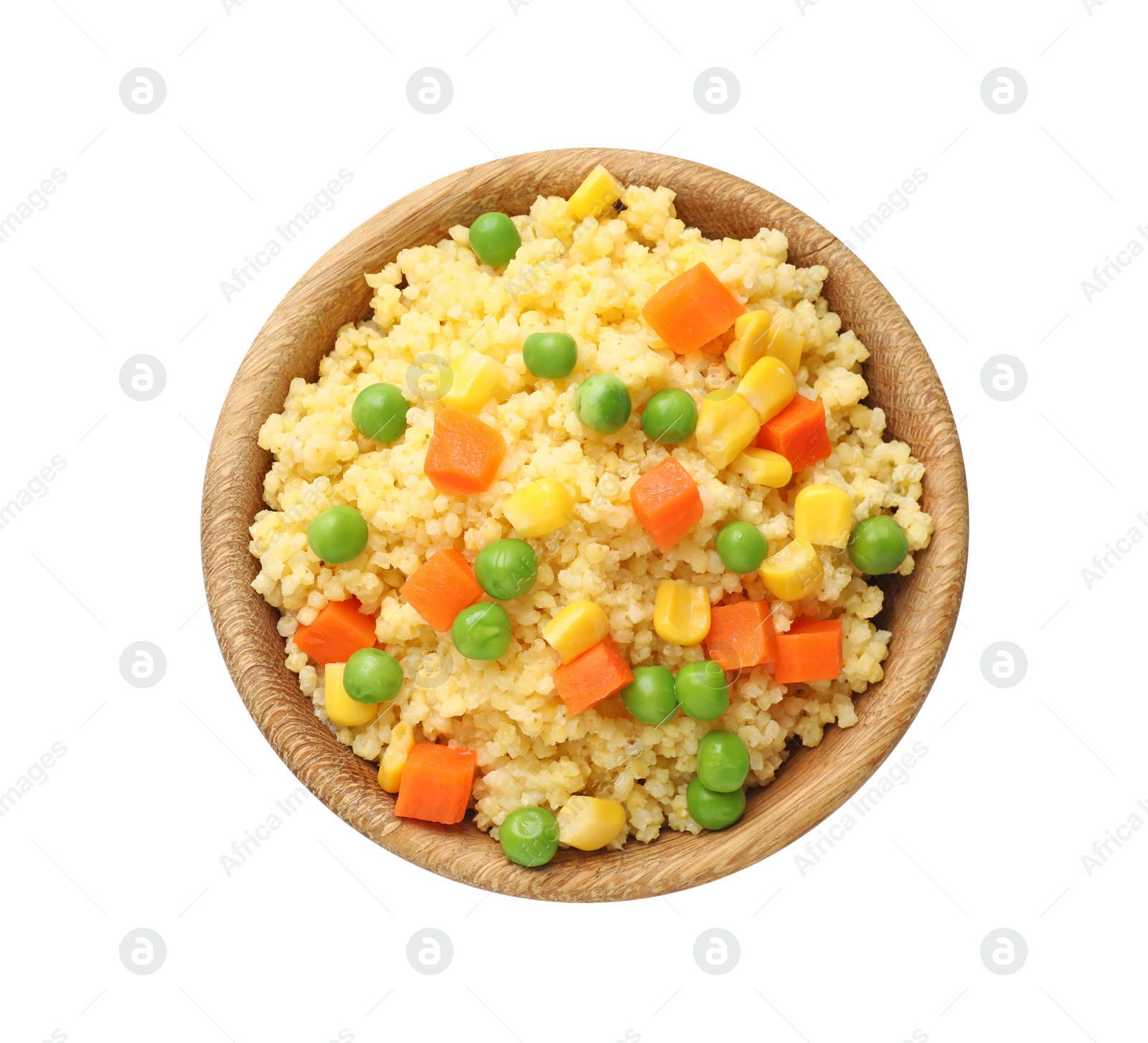 Photo of Tasty millet porridge with vegetables in bowl isolated on white, top view