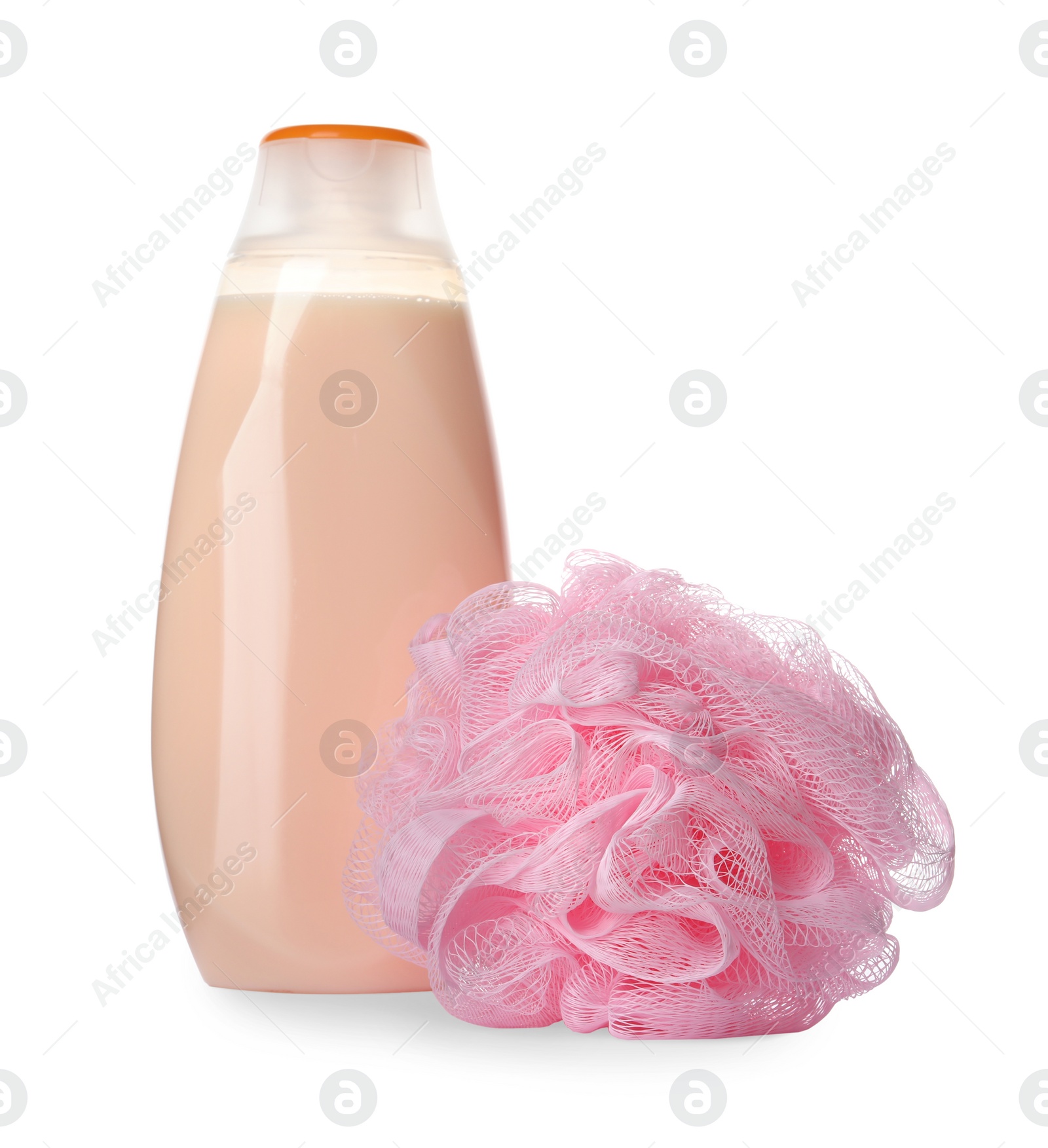 Photo of Personal hygiene product and shower puff isolated on white