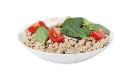 Delicious boiled oatmeal with poached egg, tomato, avocado and basil in bowl isolated on white