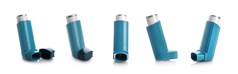 Image of Set with portable asthma inhalers on white background. Banner design