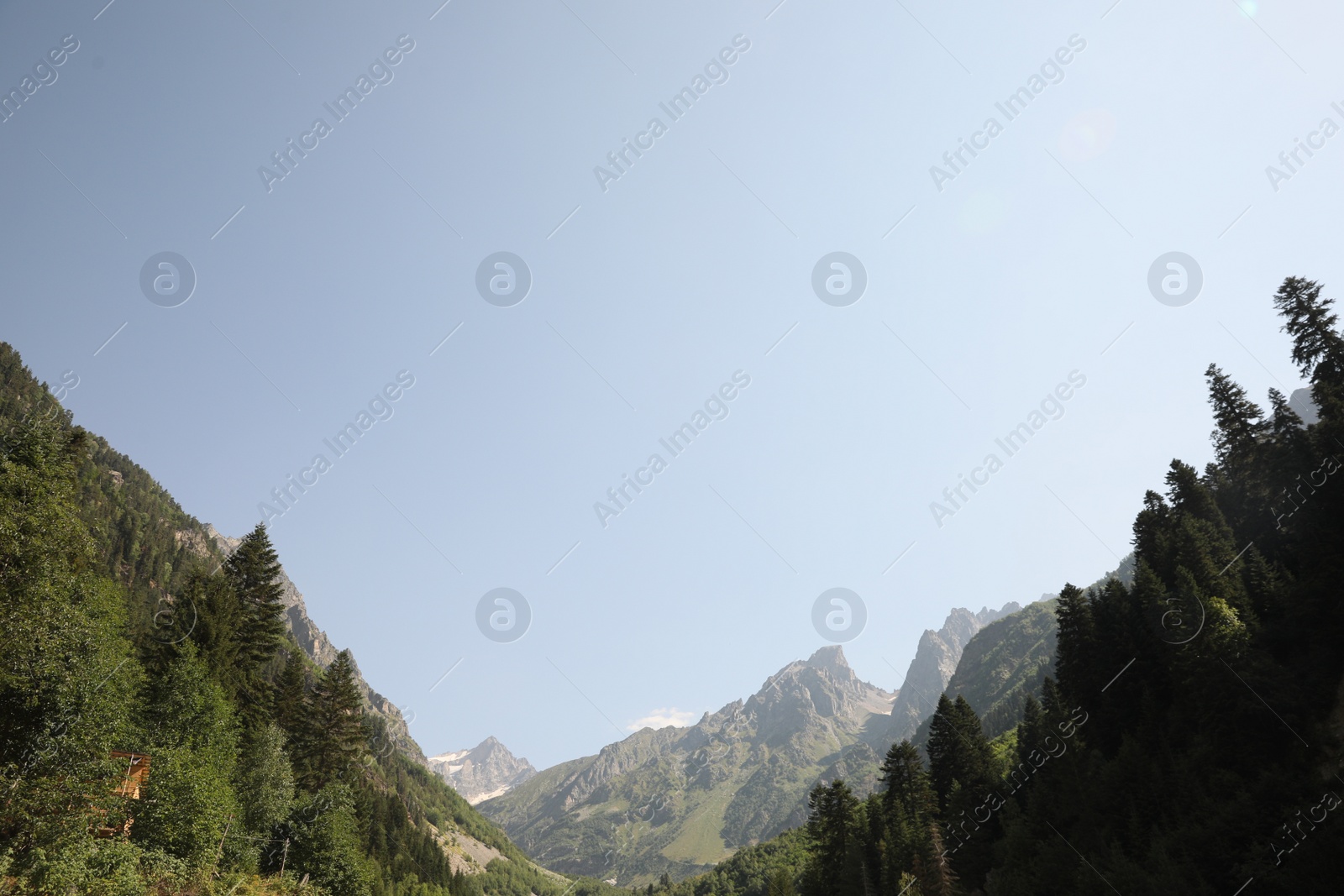 Photo of Picturesque view of trees and mountains under light blue sky outdoors, space for text