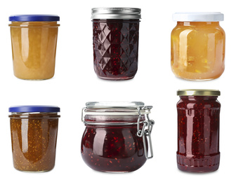 Image of Set of different jars with jams on white background 