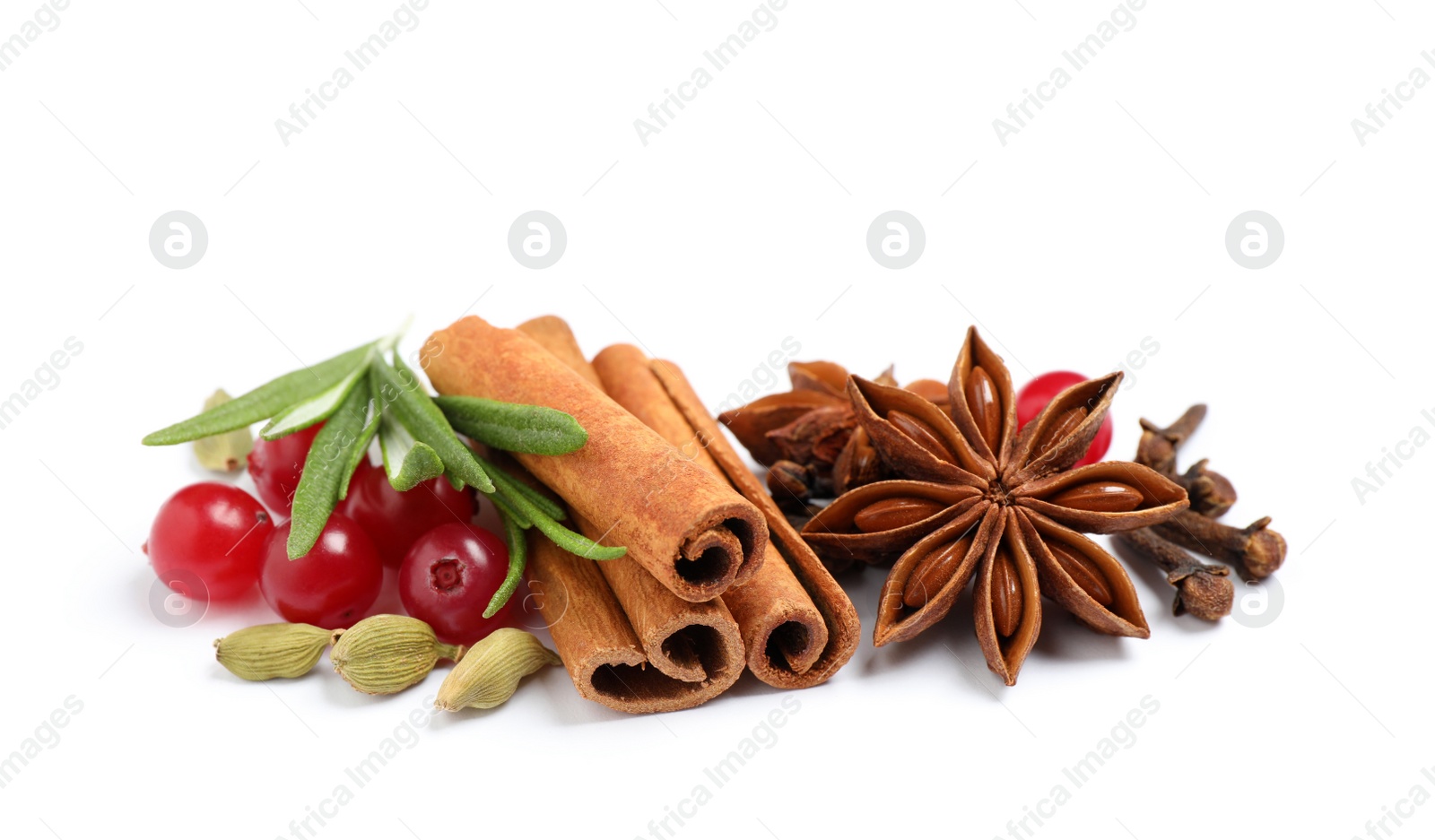 Photo of Composition with ingredients for mulled wine on white background