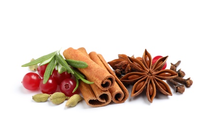 Photo of Composition with ingredients for mulled wine on white background