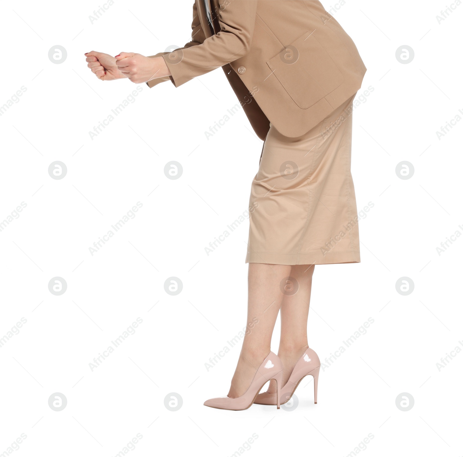 Photo of Businesswoman in beige shoes on white background, closeup