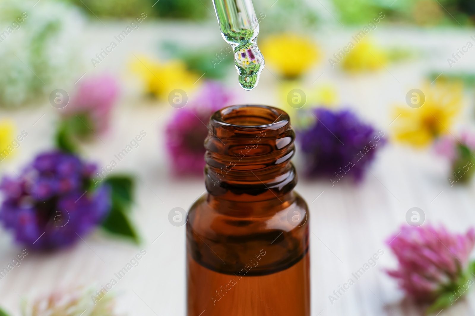 Photo of Dripping essential oil from pipette into bottle on white wooden table, closeup