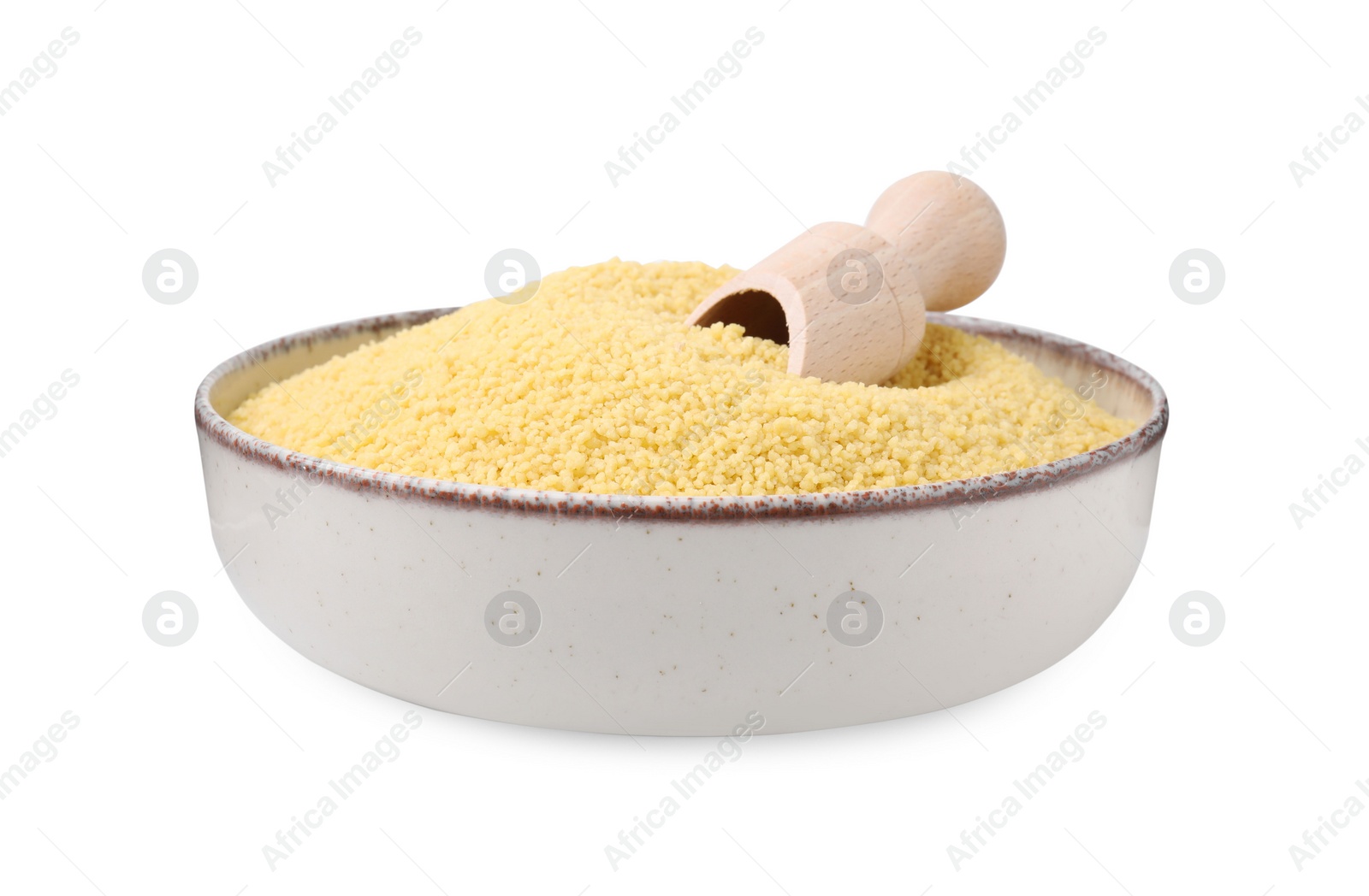 Photo of Bowl and scoop with raw couscous isolated on white