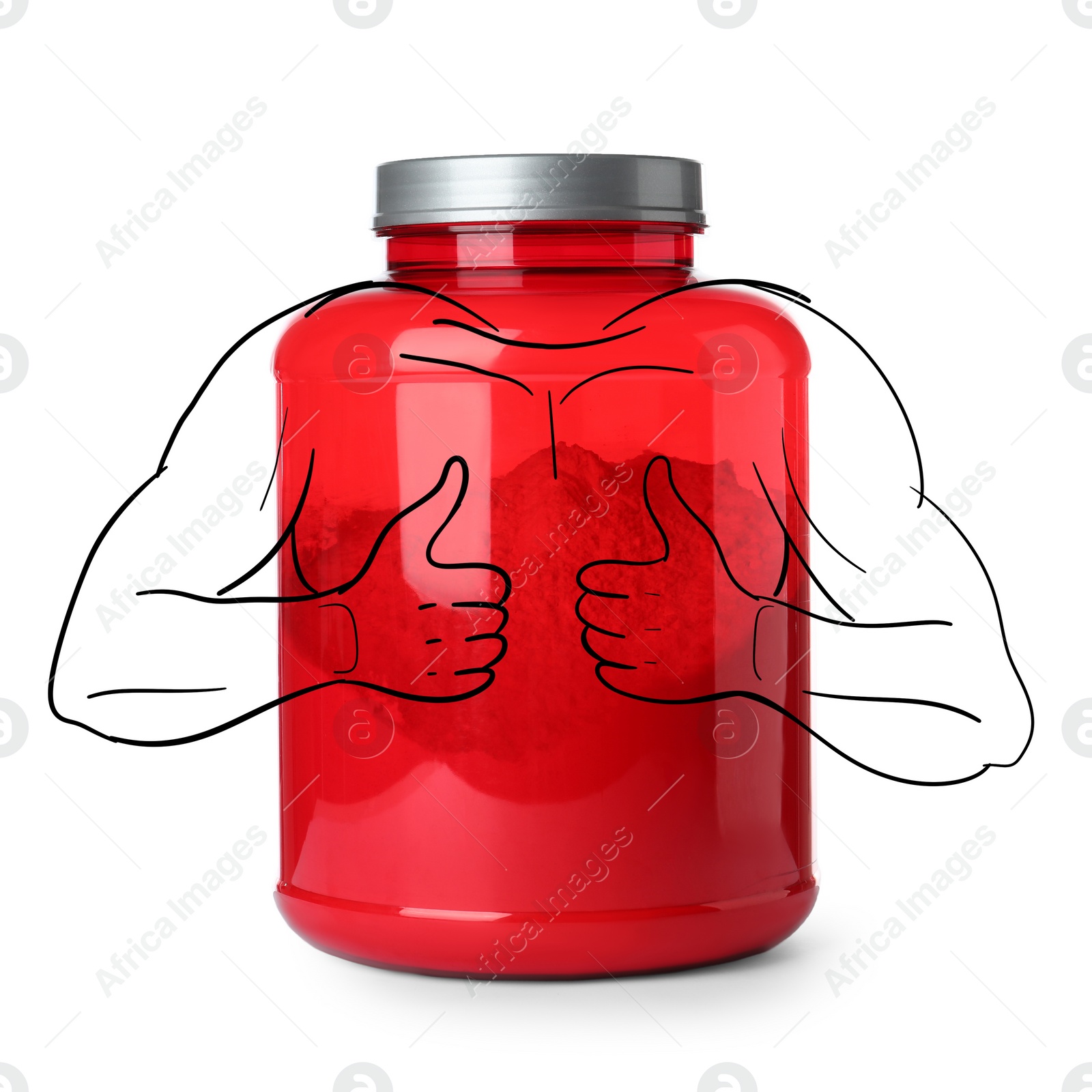 Image of Red jar of protein powder with illustration of bodybuilder showing thumbs up gesture on white background