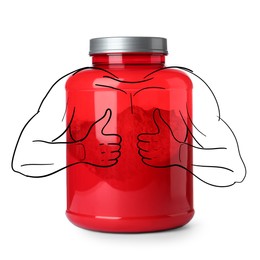 Red jar of protein powder with illustration of bodybuilder showing thumbs up gesture on white background