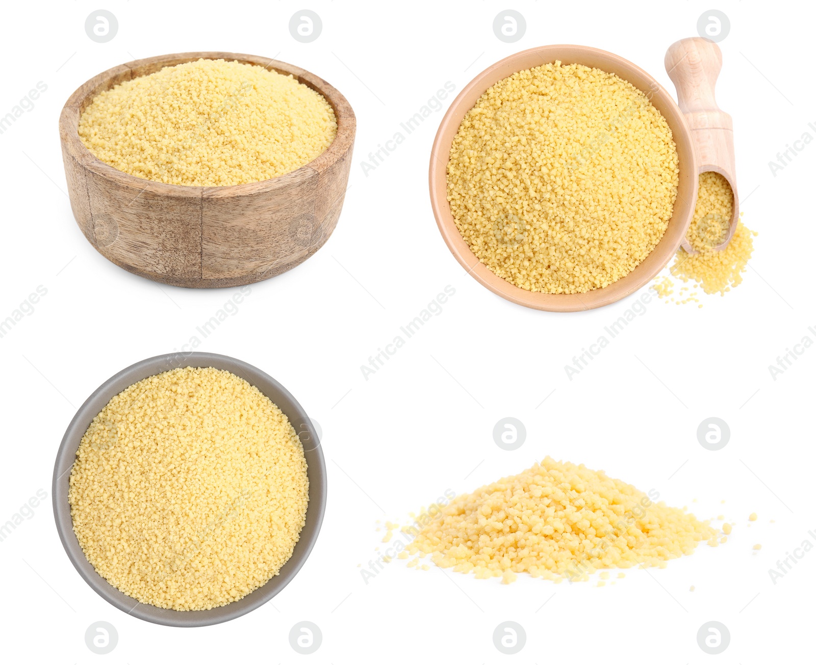 Image of Raw dry couscous isolated on white, set