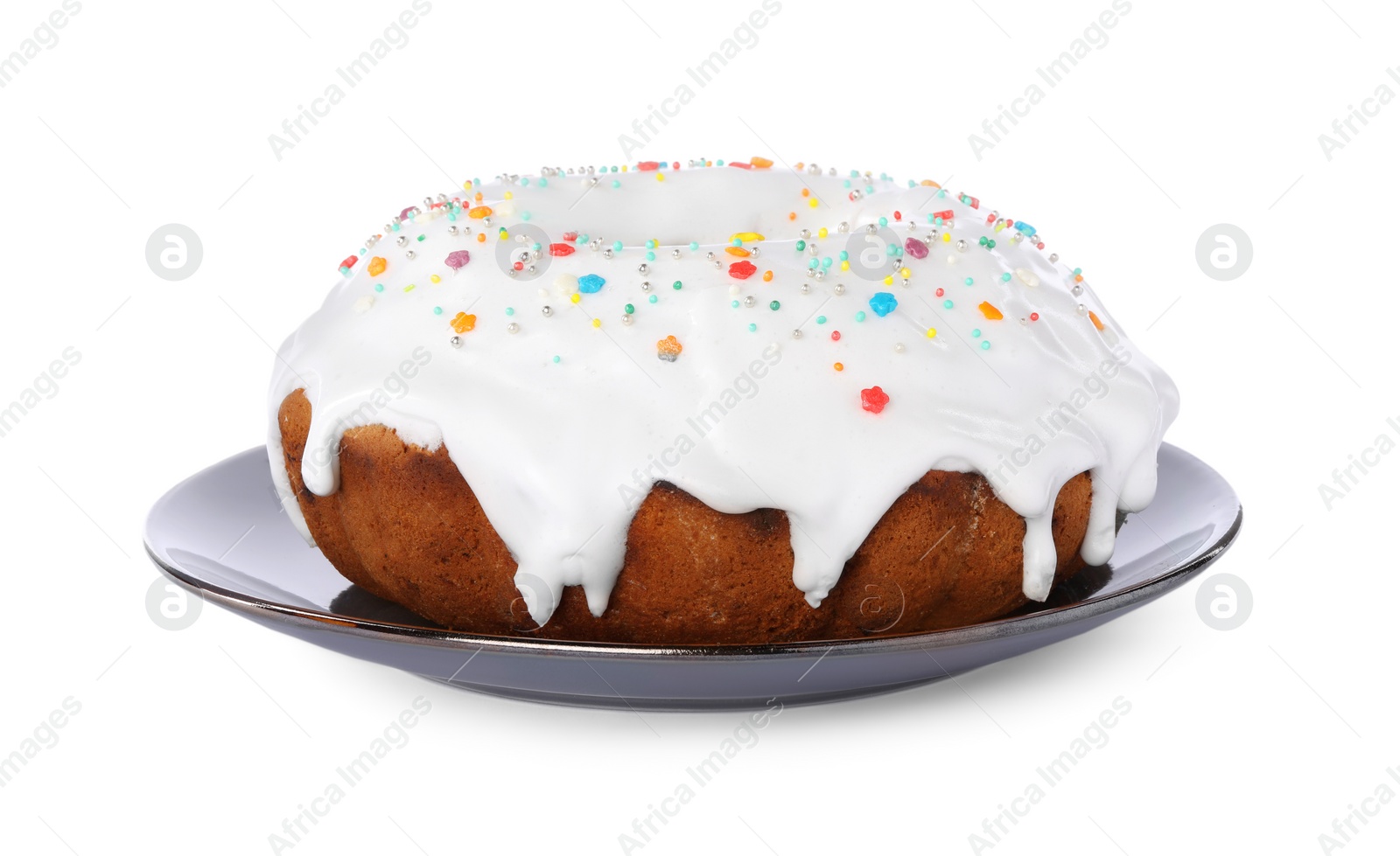 Photo of Easter cake with sprinkles isolated on white