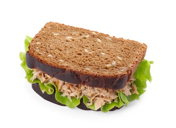 Photo of Delicious sandwich with tuna and lettuce leaves on white background