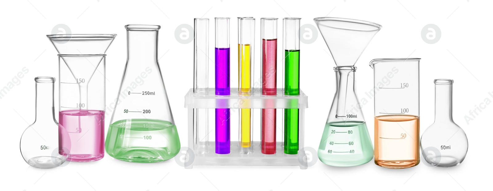 Image of Set of different laboratory glassware isolated on white