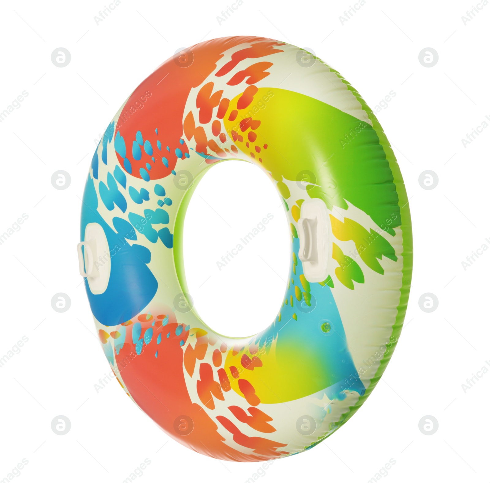 Photo of Bright inflatable ring on white background. Summer holidays