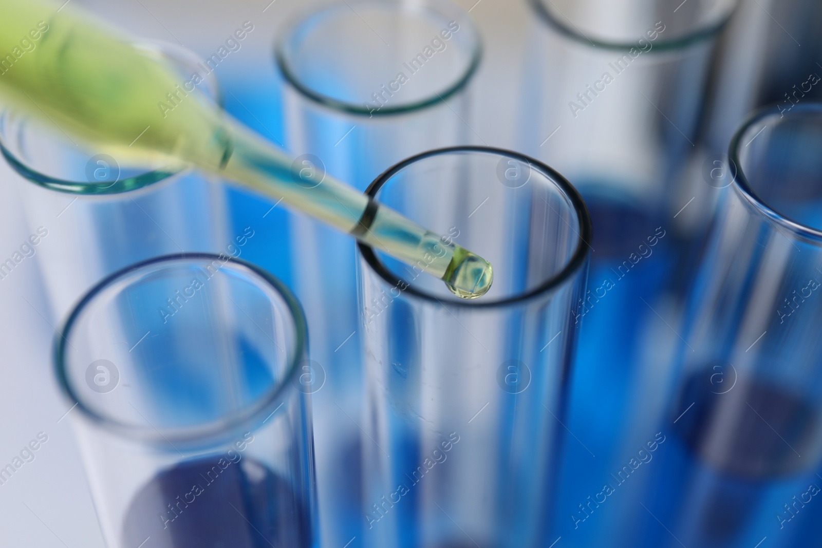 Photo of Laboratory analysis. Dripping liquid into test tubes indoors, closeup