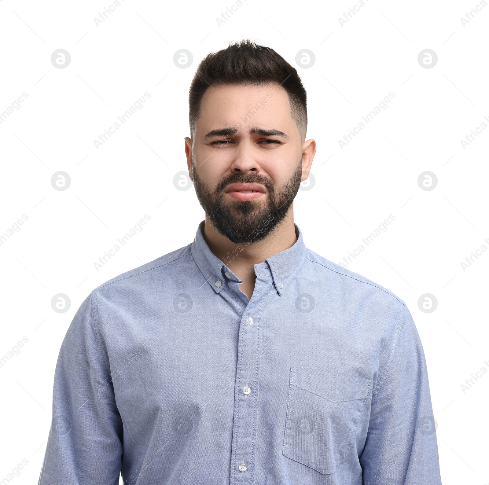 Photo of Portrait of sad man on white background