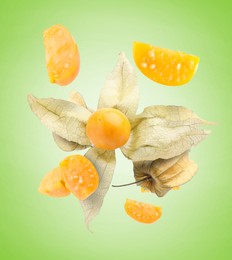 Image of Ripe orange physalis fruits with calyx falling on light green gradient background