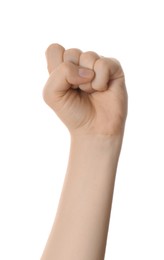 Photo of Woman raising fist isolated on white, closeup