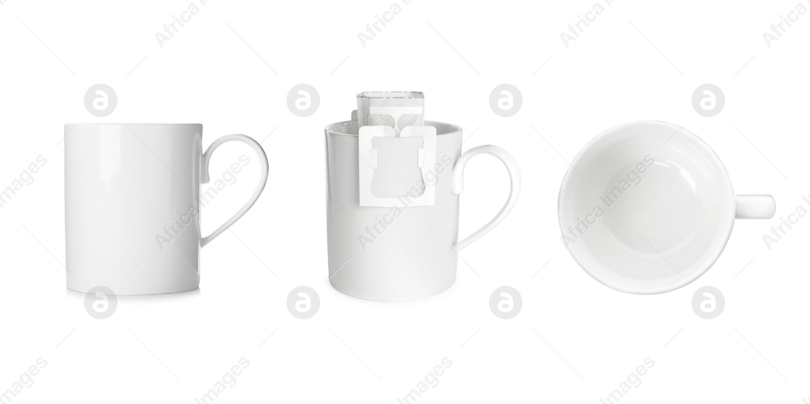 Image of Set with ceramic coffee cups on white background. Banner design