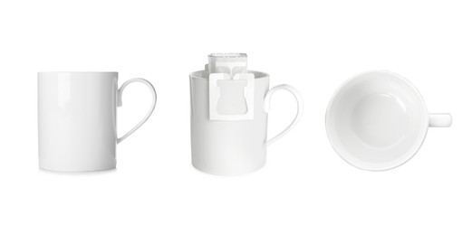 Set with ceramic coffee cups on white background. Banner design