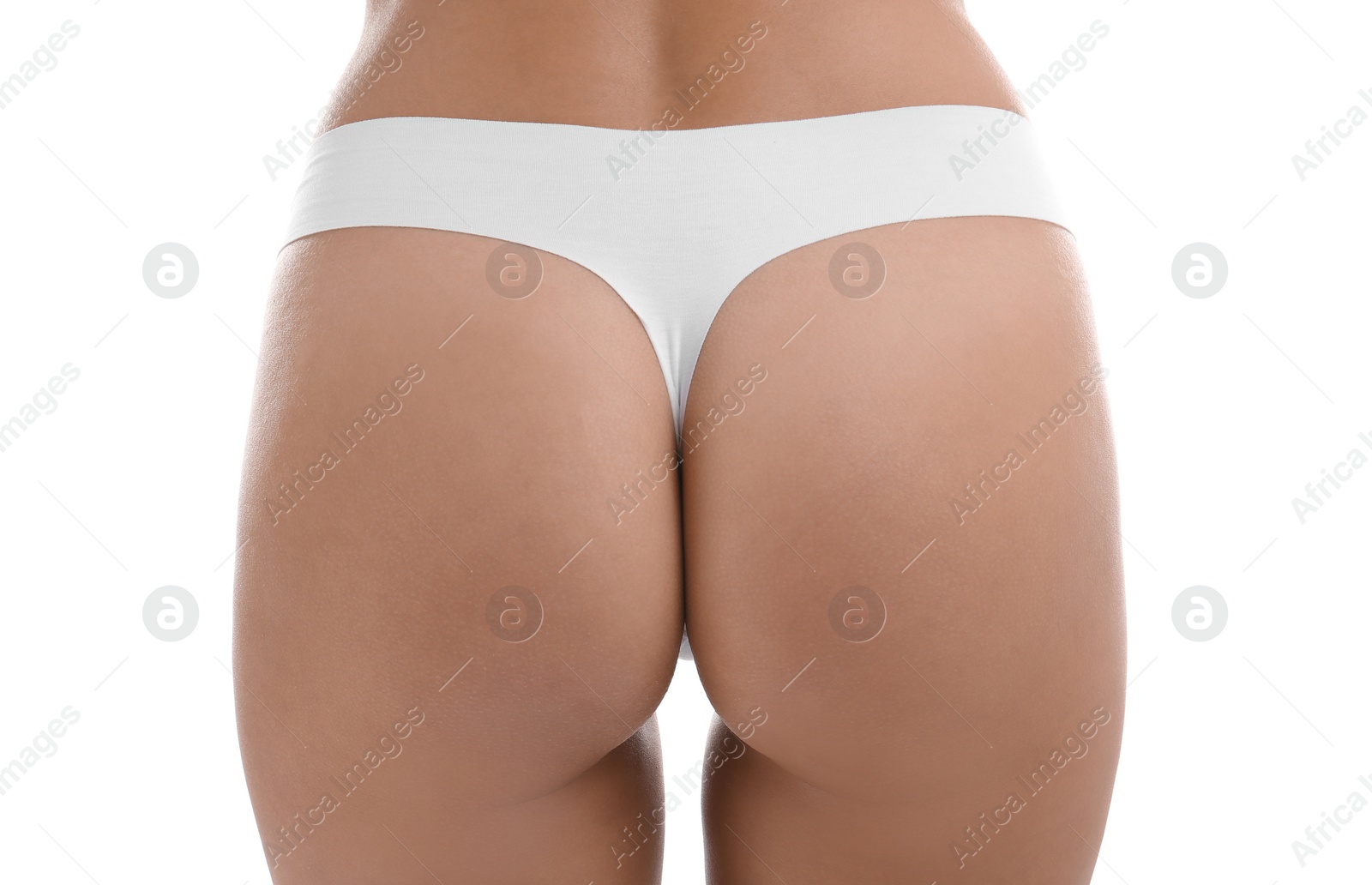 Photo of Young woman in underwear on white background, closeup. Beauty and body care