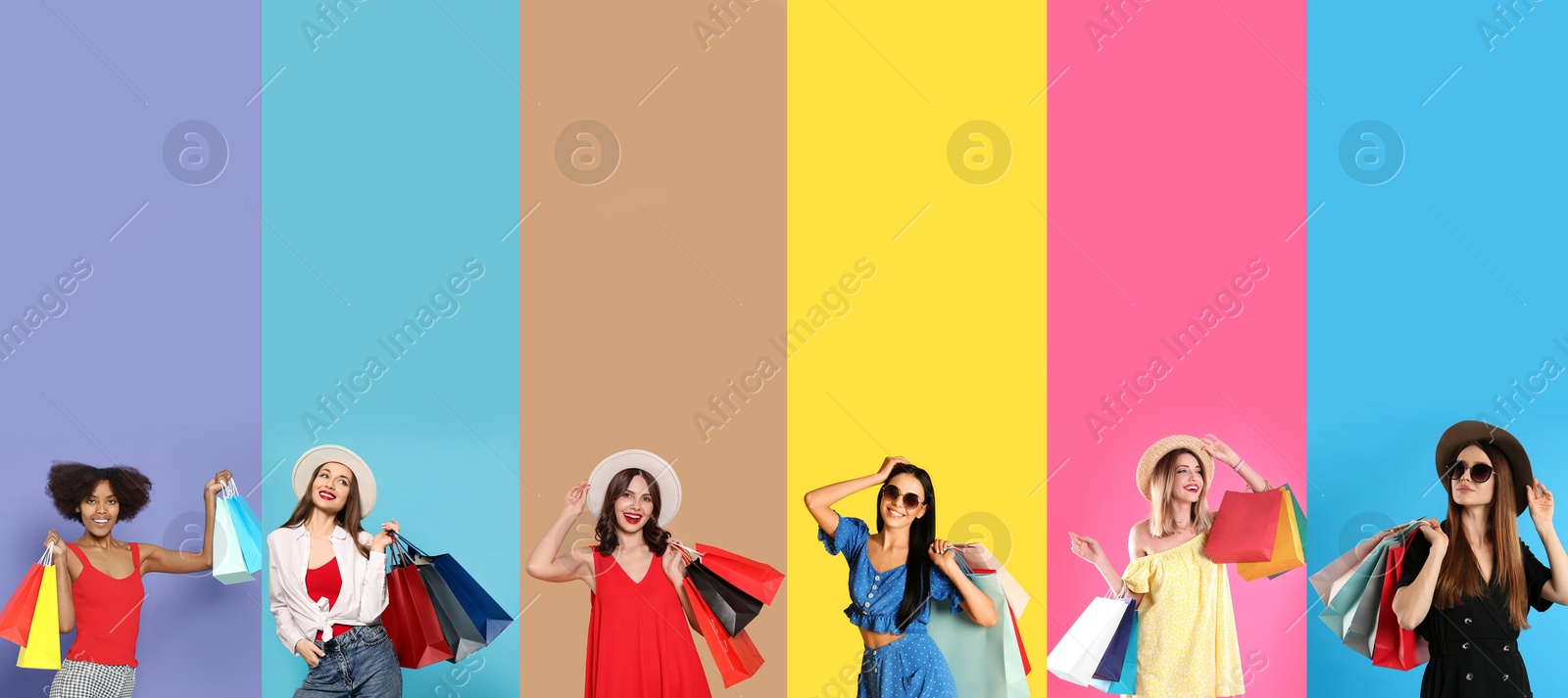 Image of Happy women with shopping bags on different color backgrounds, collage design