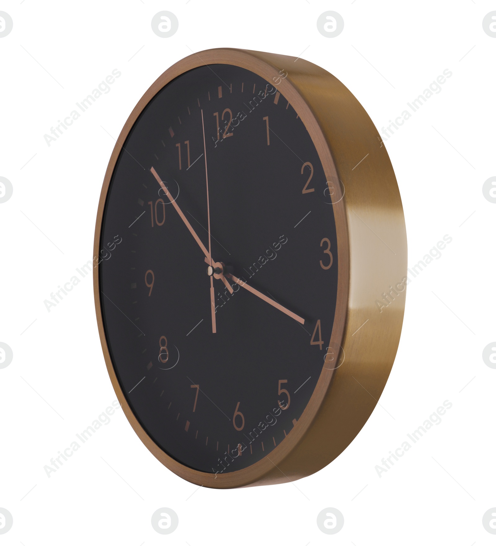 Photo of Stylish round clock isolated on white. Interior element