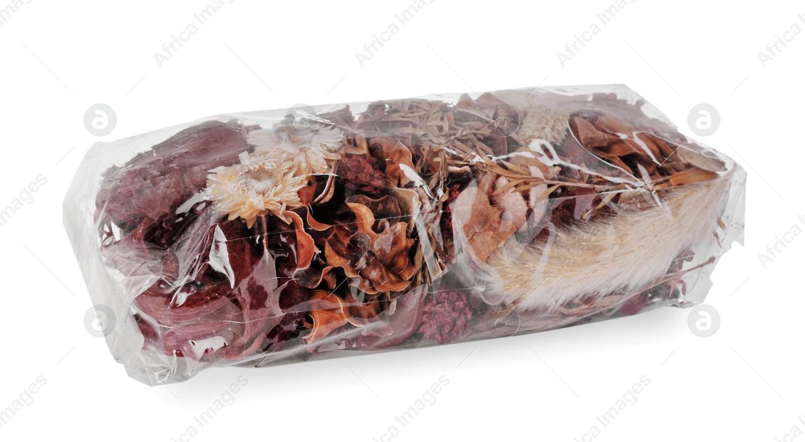 Photo of Scented sachet with mixed dried flowers on white background