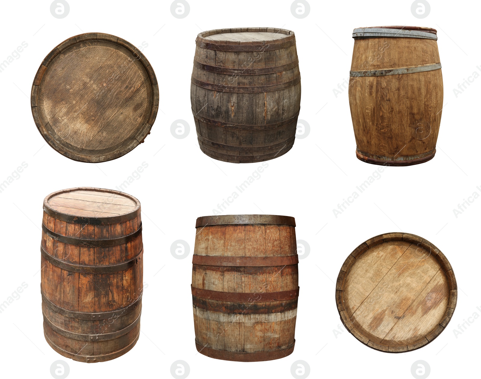 Image of Different wooden barrels isolated on white, top and side views. Collage design