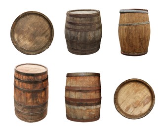 Different wooden barrels isolated on white, top and side views. Collage design