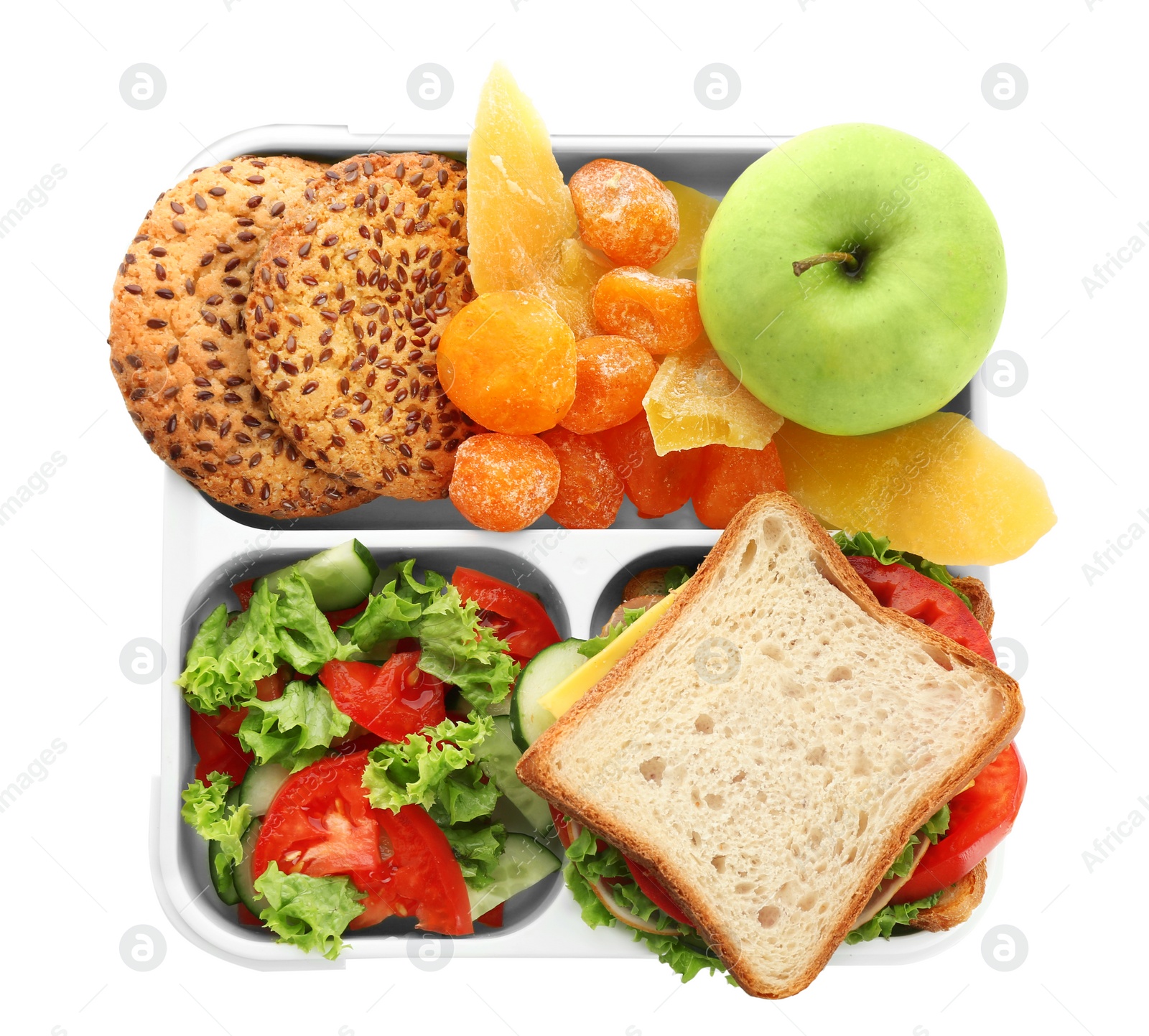 Photo of Lunch box with appetizing food on white background, top view