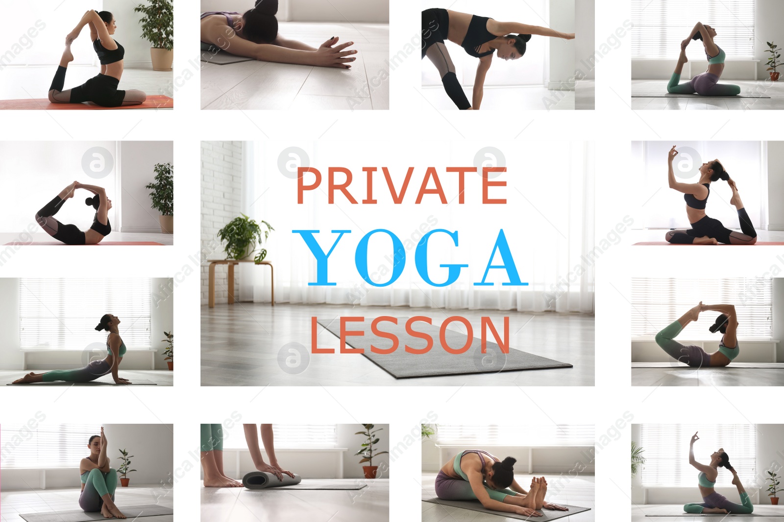 Image of Collage of women practicing different poses and text Private Yoga Classes