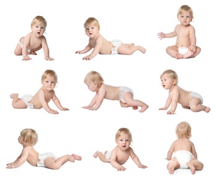 Collage with photos of cute little baby in diaper on white background