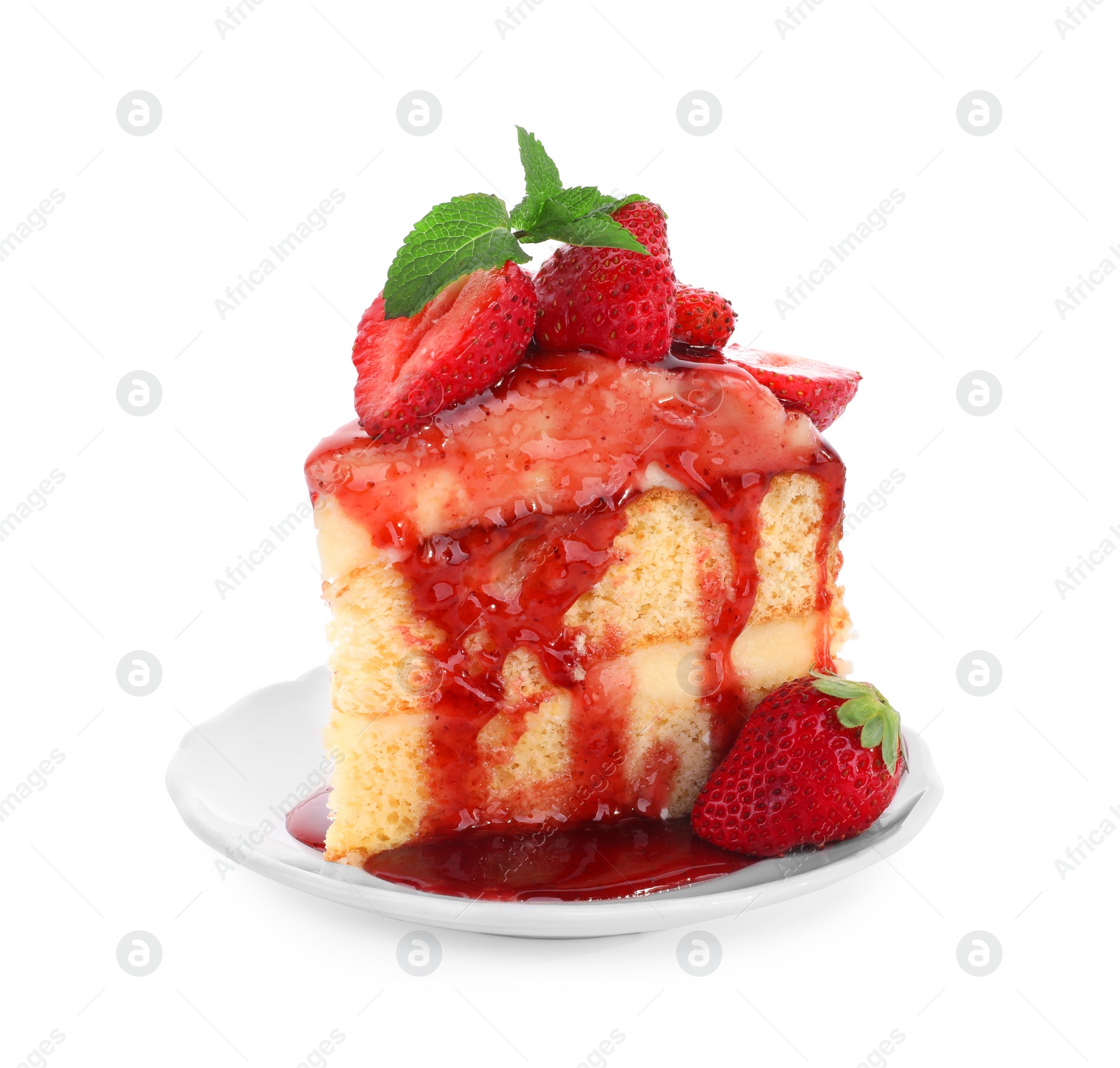 Photo of Piece of tasty cake with fresh strawberries, jam and mint isolated on white