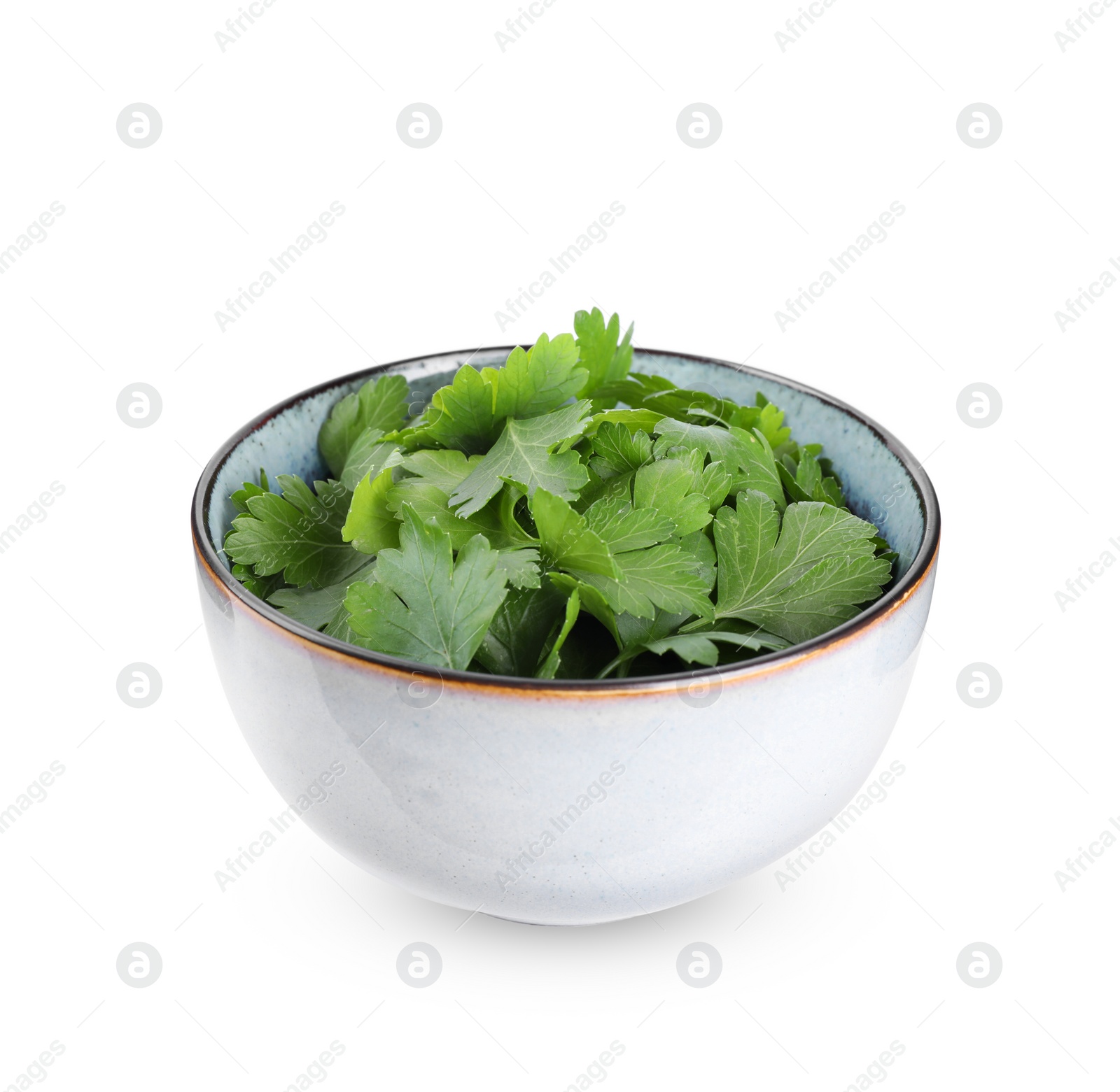 Photo of Fresh green parsley in bowl isolated on white