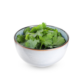 Photo of Fresh green parsley in bowl isolated on white