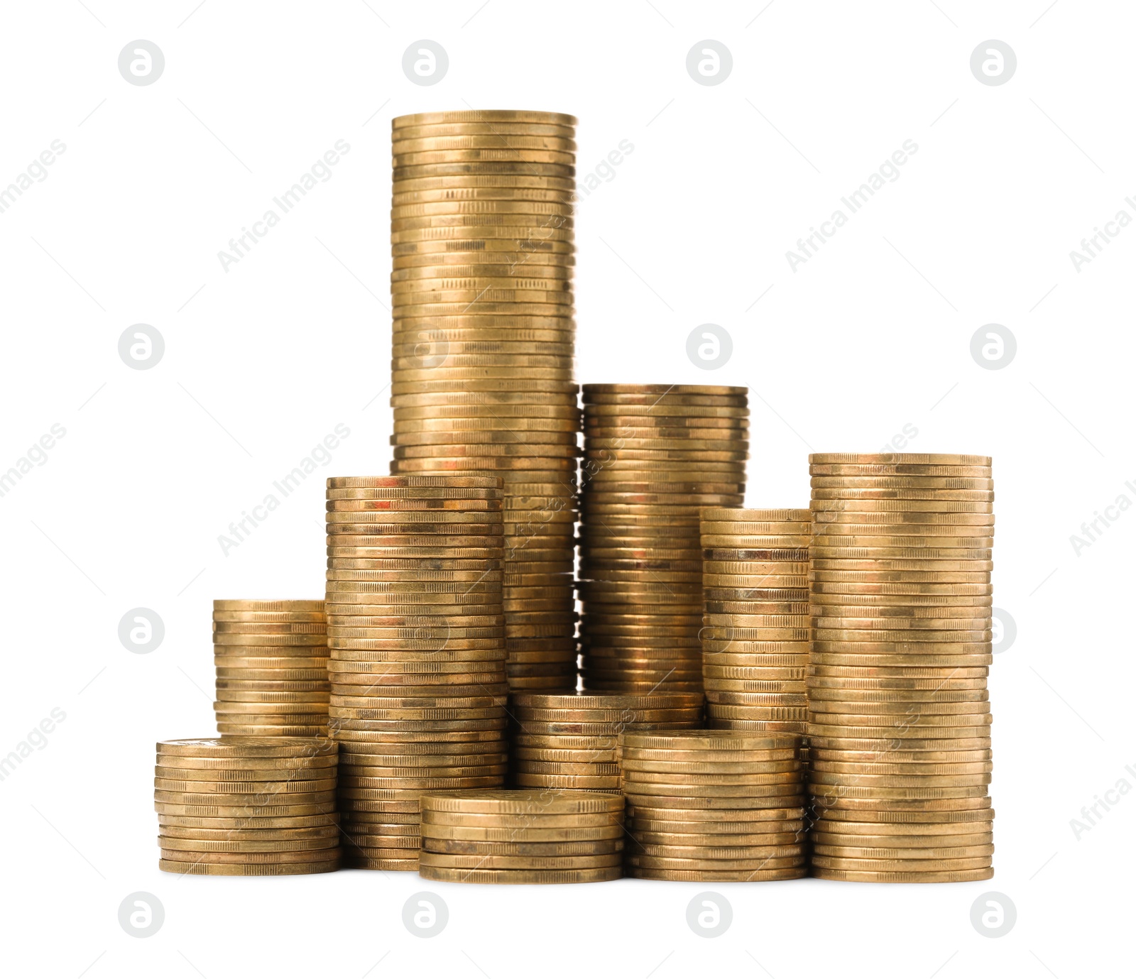 Photo of Many golden coins stacked on white background