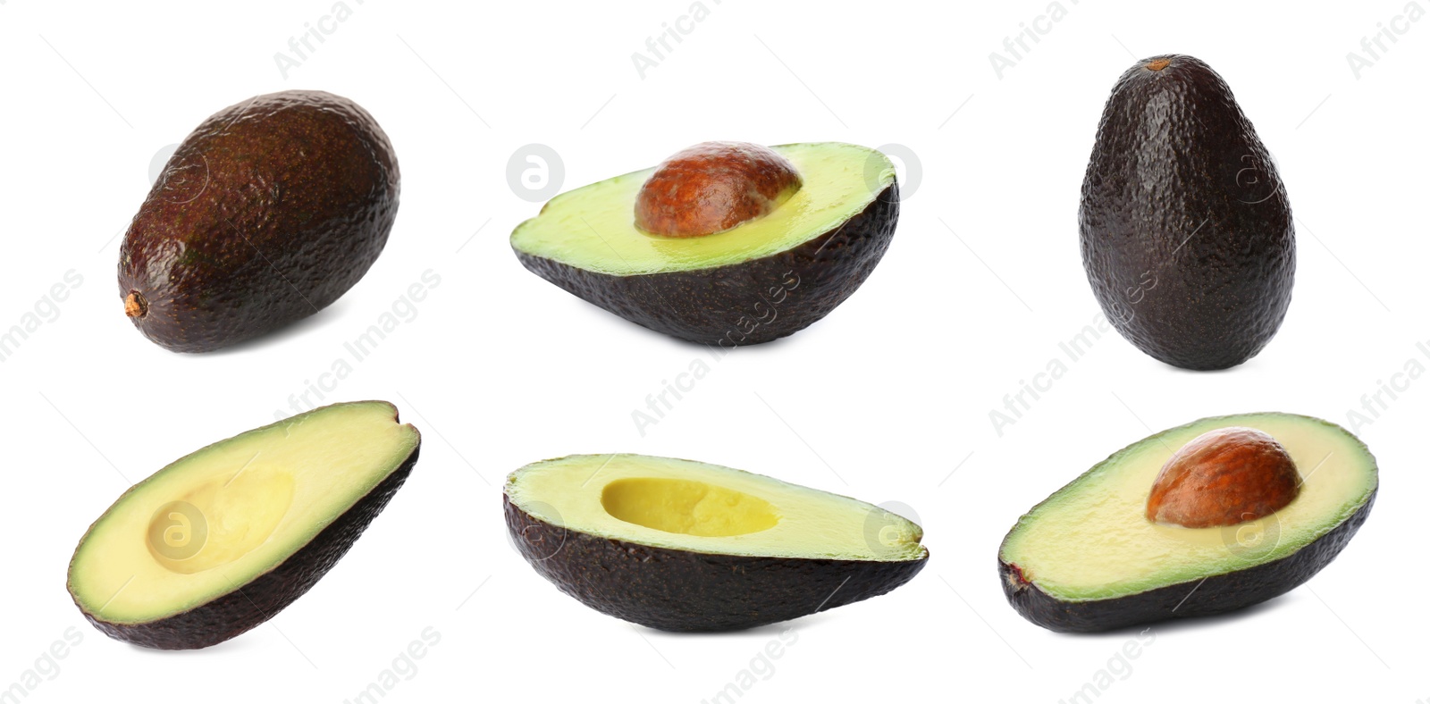 Image of Set of ripe avocados on white background. Banner design