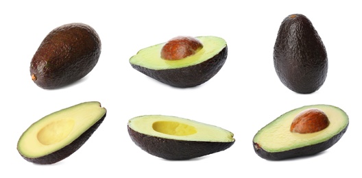 Image of Set of ripe avocados on white background. Banner design