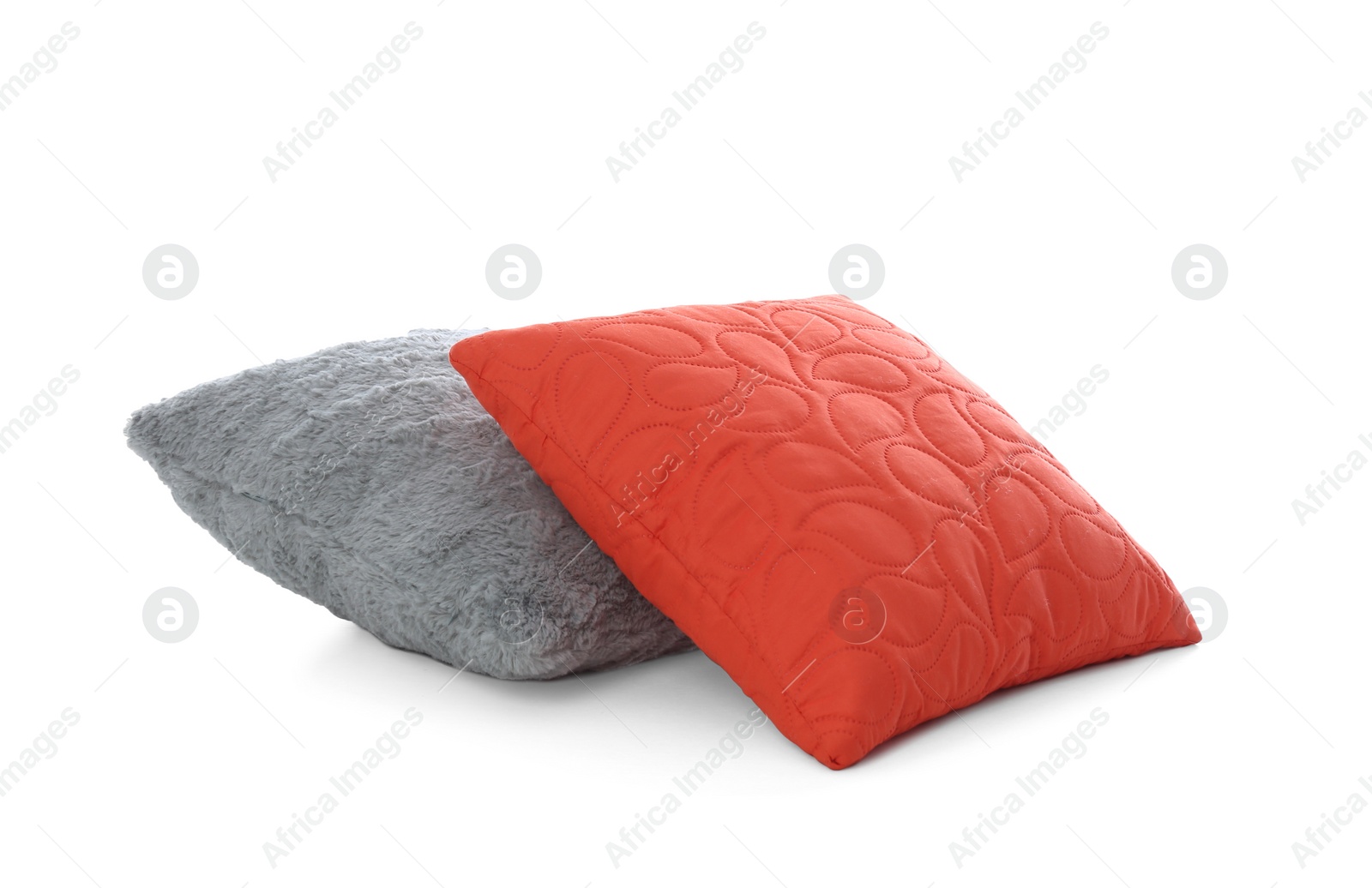 Photo of Different colorful pillows on white background