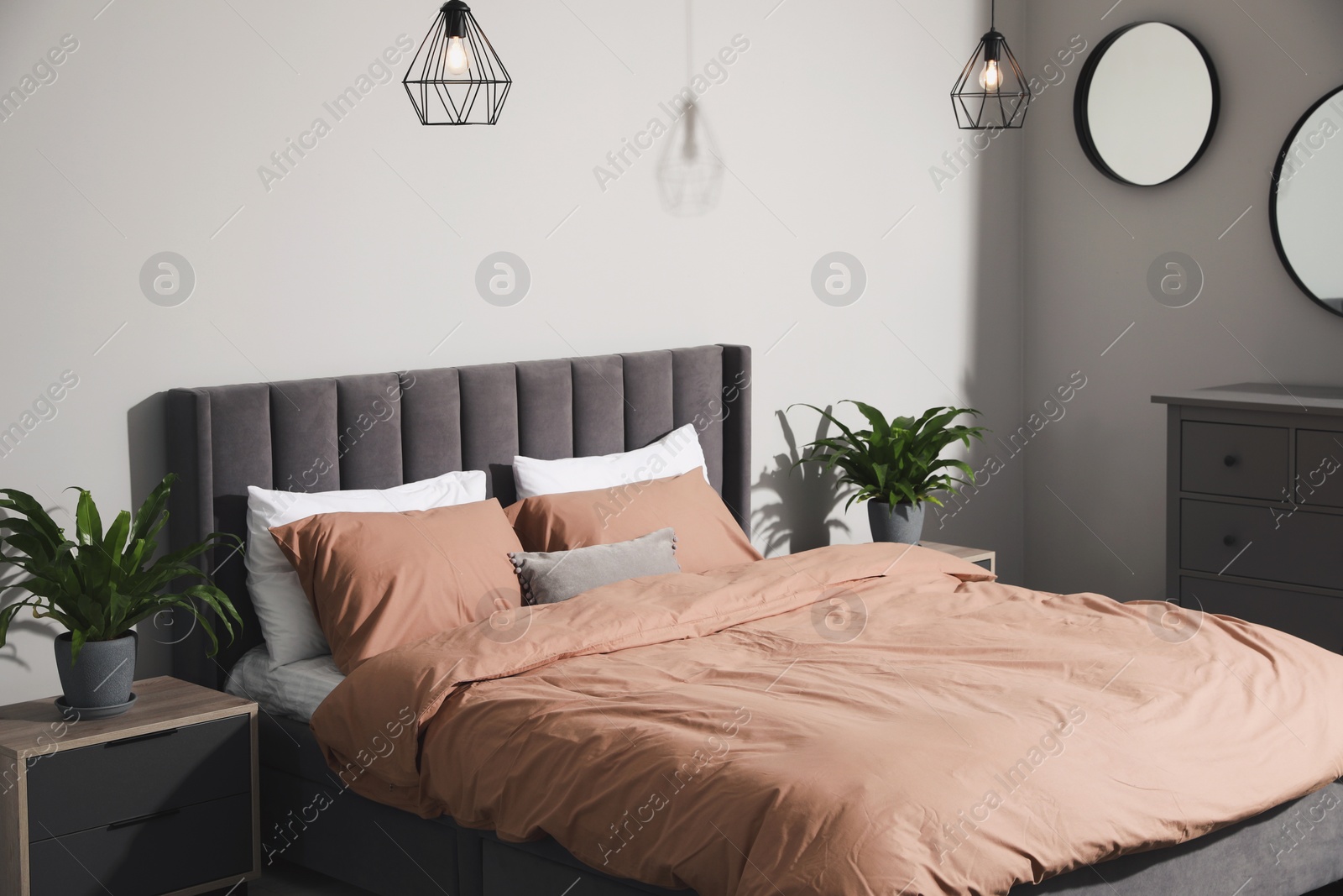 Photo of Stylish bedroom interior with comfortable bed and green houseplants