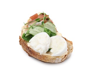 Photo of Tasty sandwich with burrata cheese, prosciutto and cucumber isolated on white
